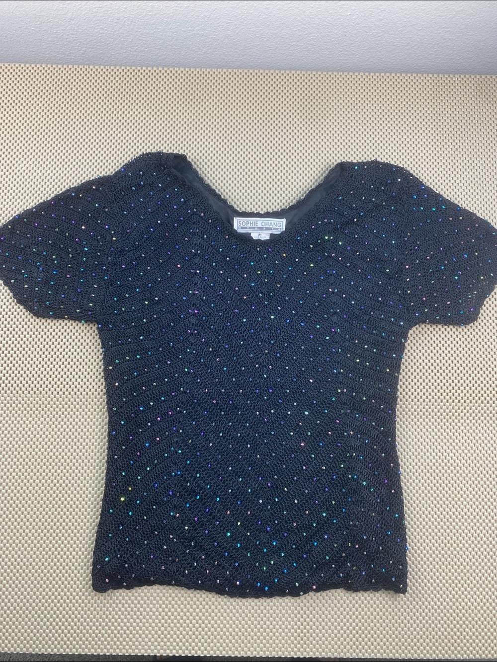 Sophie Chang VTG Y2K Black Crocheted Knit Short-Sleeve Sparkle Tunic Top M